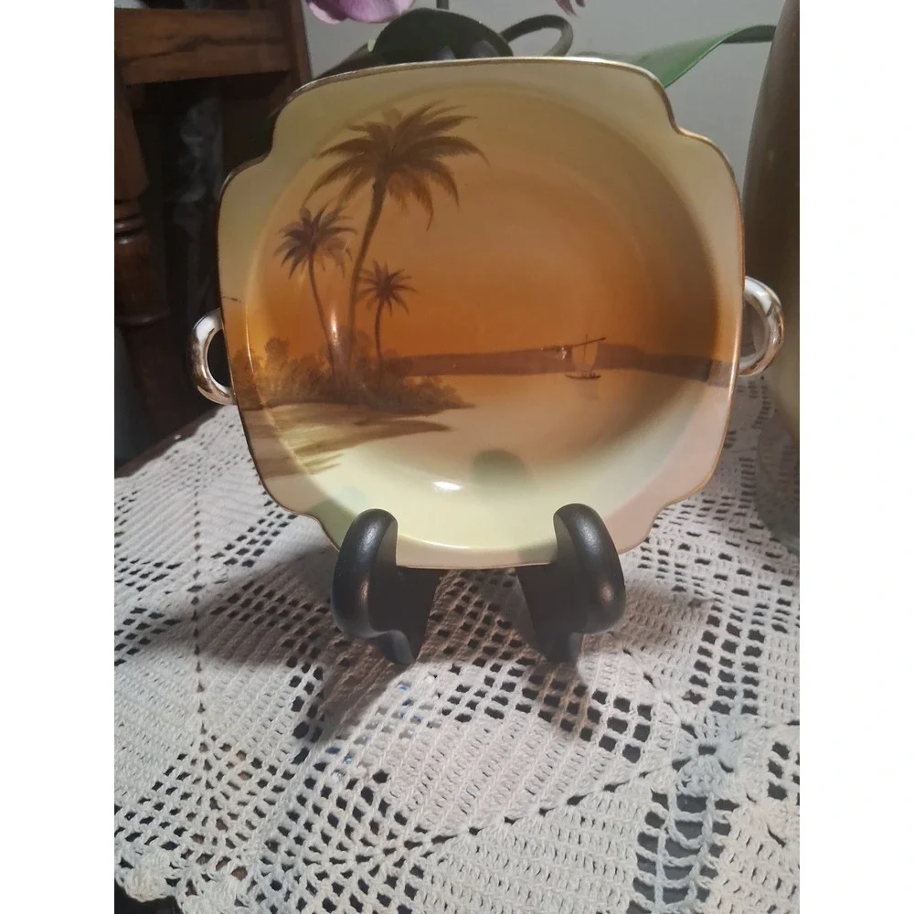 Noritake Vintage Hand Painted Porcelain Bowl Tropical Sunset Palm Tree Gold Trim